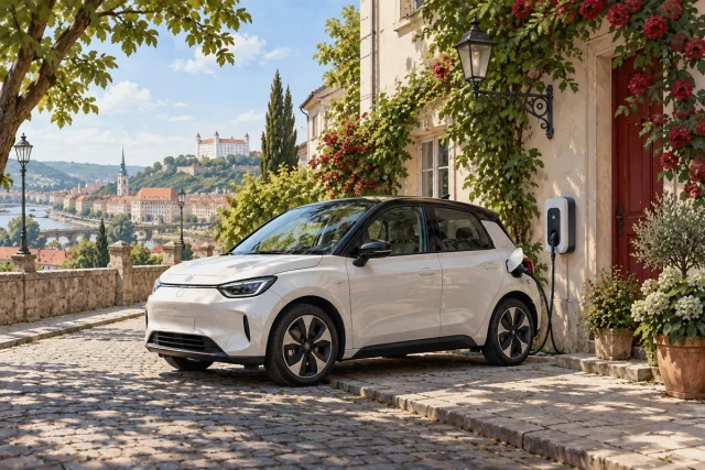 Illustratieve elektrische auto aan een laadpunt