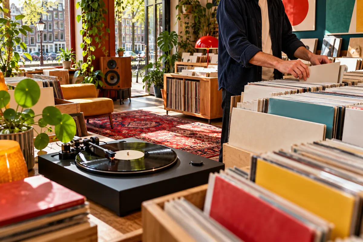 Illustratieve platenwinkel met vinyl en een draaitafel