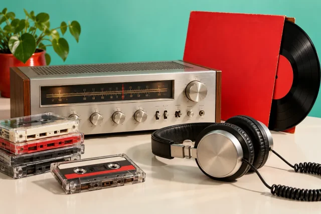 Illustratieve vintage radio, cassettebandjes en vinyl