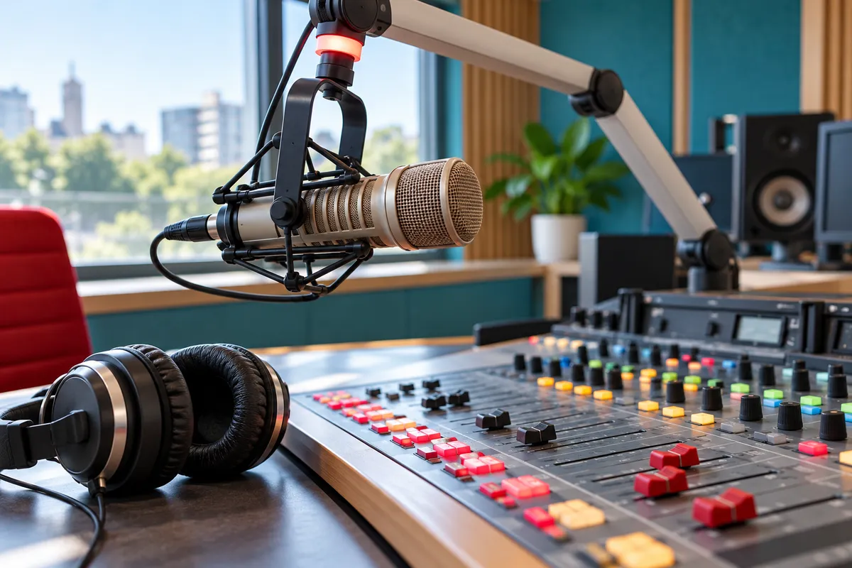 Illustratieve moderne radiostudio met microfoon en mengpaneel