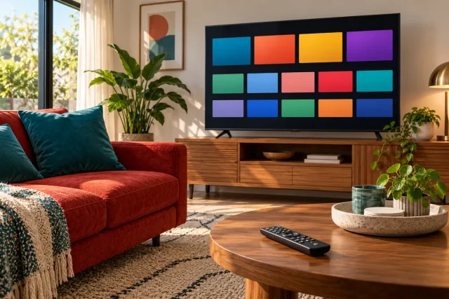 Illustratieve woonkamer met televisie en afstandsbediening