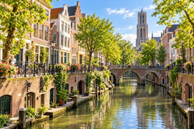 Illustratieve Utrechtse gracht met werven en historische huizen