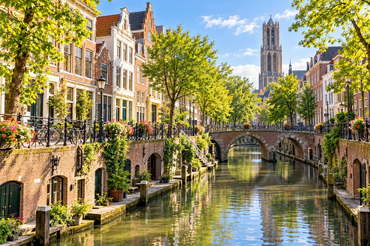 Illustratieve Utrechtse gracht met werven en historische huizen