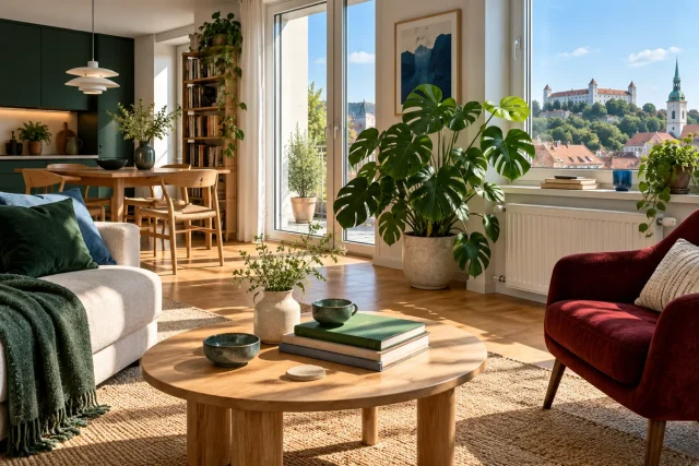 Illustratieve woonkamer met ramen, planten en verwarming
